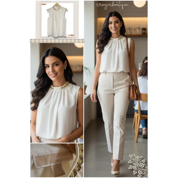 🌿Michael Kors Women's Small Ivory Chain-Neck Sleeveless Blouse - Elegant Classy - Picture 11 of 12